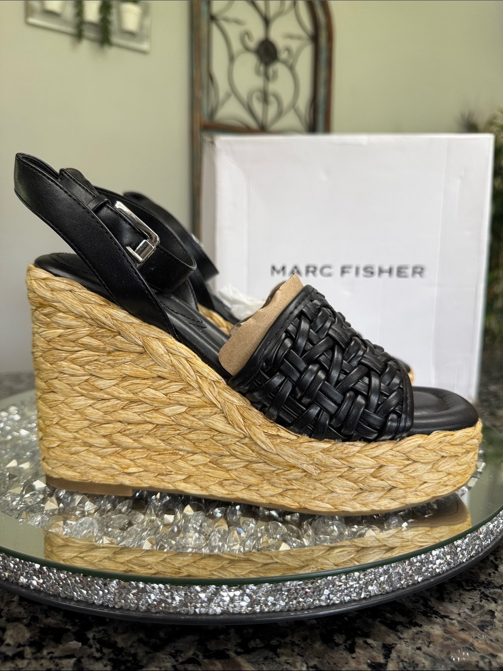 Marc Fisher Godina Black Woven Espadrille Wedge Sandals NEW 7.5